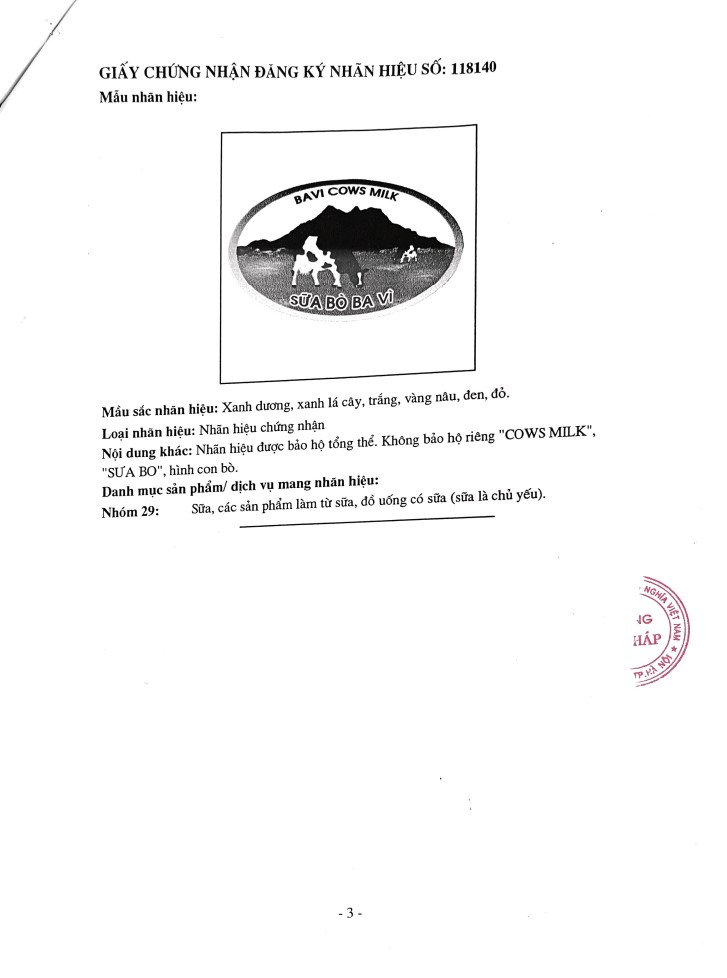 Quyết định cho phép sử dụng nhãn hiệu Sữa Ba Vì của UBND Huyện Ba Vì