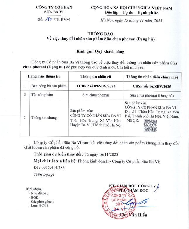 Thông báo thay đổi nhãn sản phẩm "Sữa chua Phomai (Dạng hũ)"